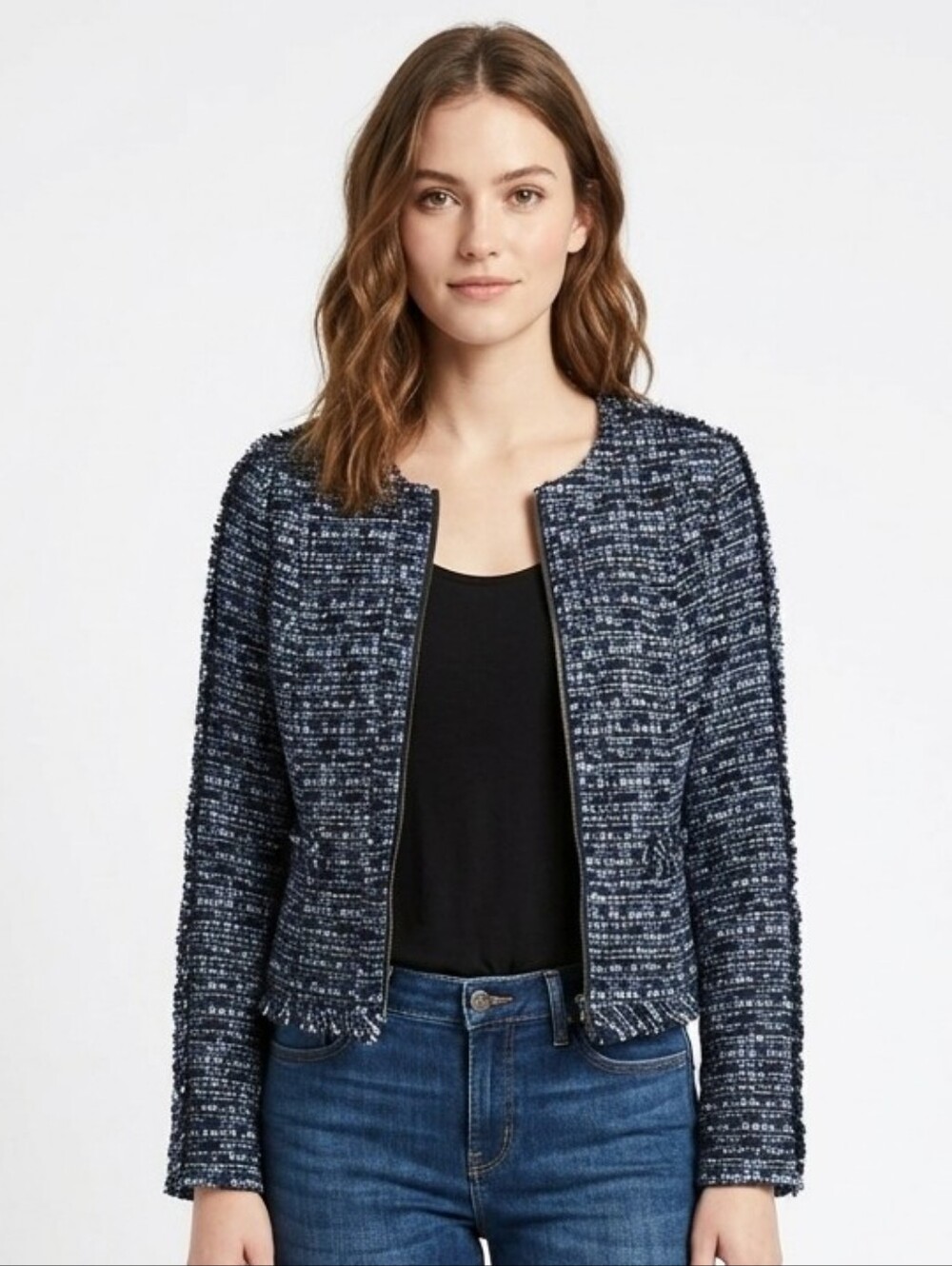 Banana Republic Women Size 2 Blue Black Tweed Raw Fringe Zip Collarless Blazer